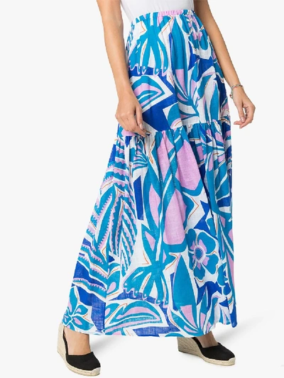 Shop Emilio Pucci Printed Tiered Cotton Maxi Skirt In Blue