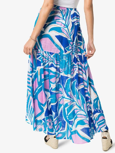 Shop Emilio Pucci Printed Tiered Cotton Maxi Skirt In Blue