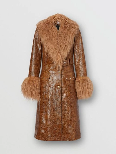 Shop Burberry Shearling Trim Python Print Leather Coat In Brown