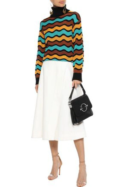 Shop M Missoni Woman Striped Pointelle-knit Cotton-blend Turtleneck Sweater Marigold