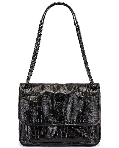 Shop Saint Laurent Medium Niki Embossed Croc Monogramme Shoulder Bag In Black