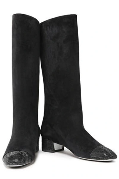 Shop René Caovilla Crystal-embellished Suede Knee Boots In Black