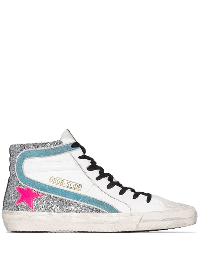Shop Golden Goose Slide Glittered High-top Sneakers In White