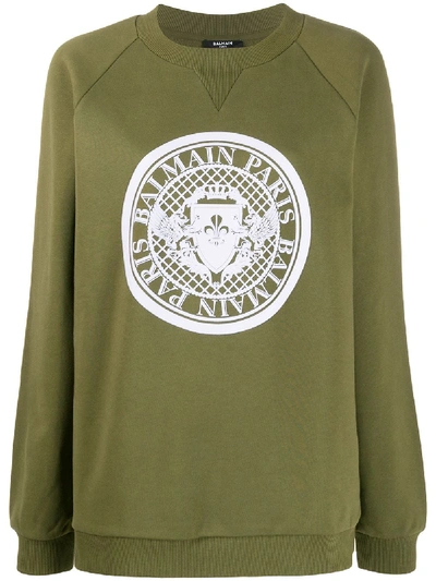 Shop Balmain Medallion Logo Sweatshirt In Green