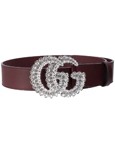 Shop Gucci Crystal Embellished Gg Marmont Belt In Brown