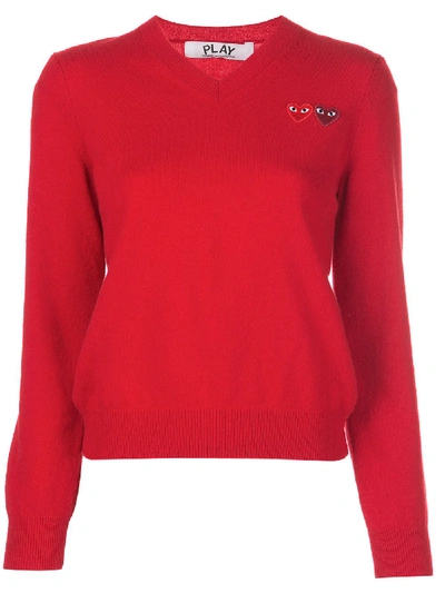Shop Comme Des Garçons Play Knitted V-neck Heart Jumper In Red