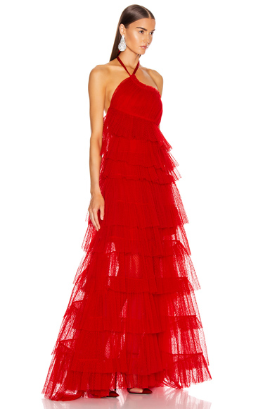 Alexis Justina Tiered Tulle Halterneck Gown In Red | ModeSens