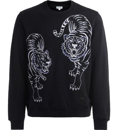 Kenzo Double Tiger Black Sweatshirt With Contrast White And Blue