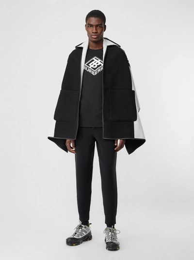 Shop Burberry Logo Graphic Wool Cotton Jacquard Hooded Cape In Black/white