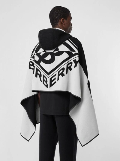 Shop Burberry Logo Graphic Wool Cotton Jacquard Hooded Cape In Black/white