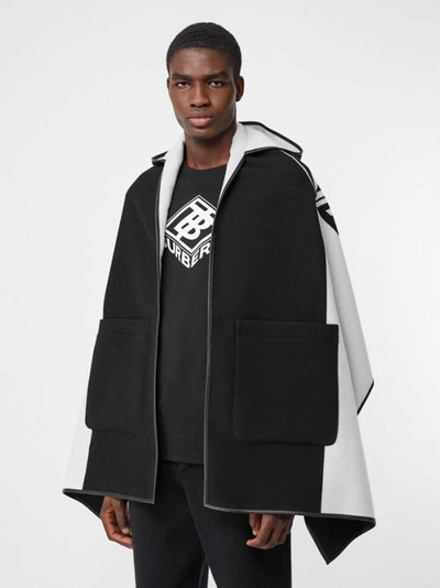 Shop Burberry Logo Graphic Wool Cotton Jacquard Hooded Cape In Black/white