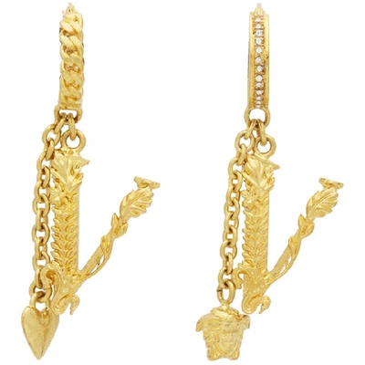 Shop Versace Gold V Leaves Earrings In Kcot Crysta