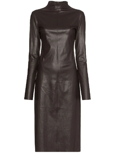 Bottega Veneta Turtleneck Eather Midi Dress In Dark Brown | ModeSens