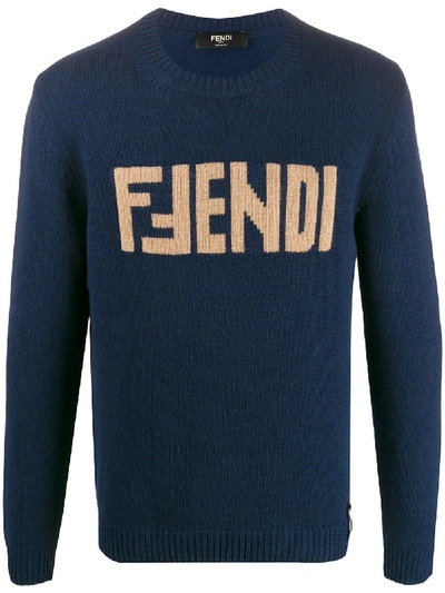 Shop Fendi Cashmere Jacquard Logo Jumper In Blue