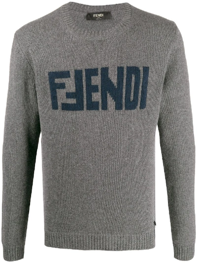 Shop Fendi Cashmere Jacquard Logo Jumper In Grey