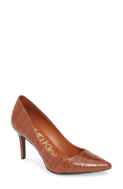 Shop Calvin Klein 'gayle' Pointy Toe Pump In Cuoio Croco Embossed Leather