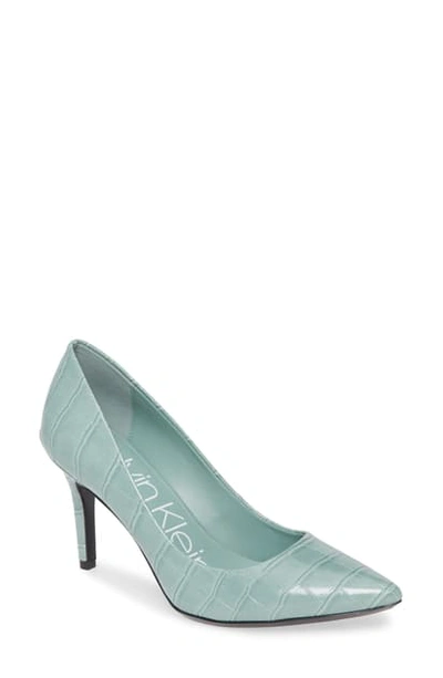 Shop Calvin Klein Gayle Pointed Toe Pump In Green Croco Embossed Leather