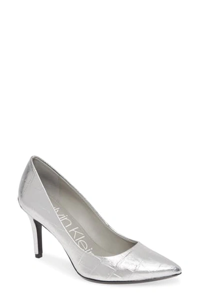 Shop Calvin Klein Gayle Pointed Toe Pump In Silver Croco Embossed Leather
