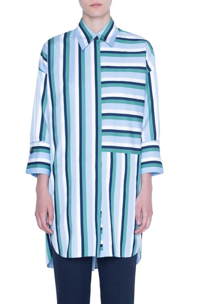 Shop Akris Punto Patchwork Stripe Tunic Blouse In Cream/ Sky Blue/ Spruce