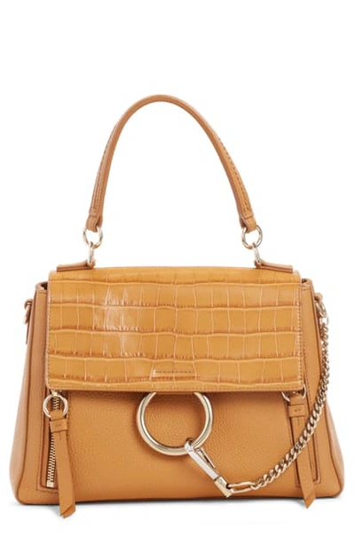Shop Chloé Small Faye Day Croc Embossed Leather Shoulder Bag In Autumnal Brown