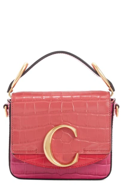 Shop Chloé Mini C Tricolor Croc Embossed Leather Shoulder Bag In Graphic Pink