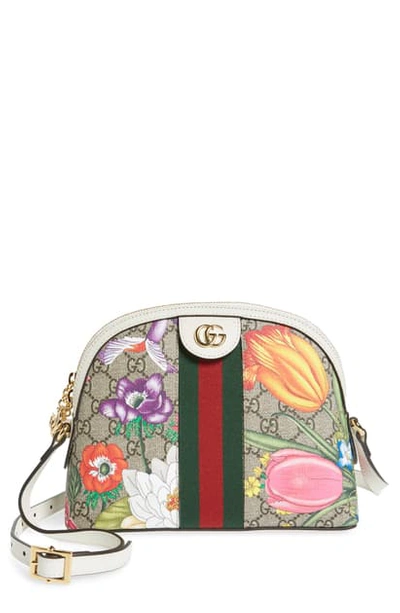 Shop Gucci Small Ophidia Floral Gg Supreme Shoulder Bag In Beige Ebony/mystic White/red