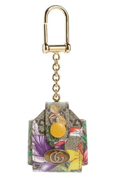 Shop Gucci Ophidia Floral Print Gg Supreme Airpod Case Bag Charm In Beige Ebony Multi/ Crop