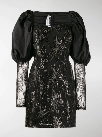Shop Rotate Birger Christensen Puff-sleeve Sequinned Mini Dress In Black