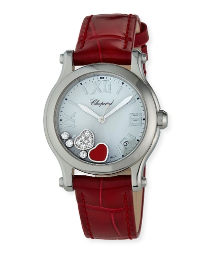 Shop Chopard Happy Hearts 36mm Stainless Steel Diamond Red Strap Watch