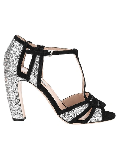 Shop Miu Miu Glitter Fabric Sandals In Black + Silver
