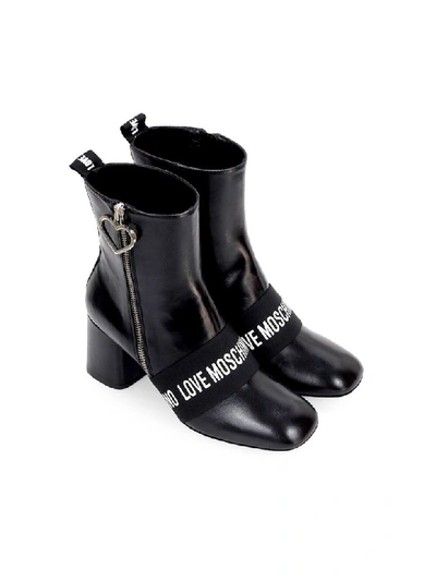 Shop Love Moschino Black Leather Logo Ankle Boot In Nero