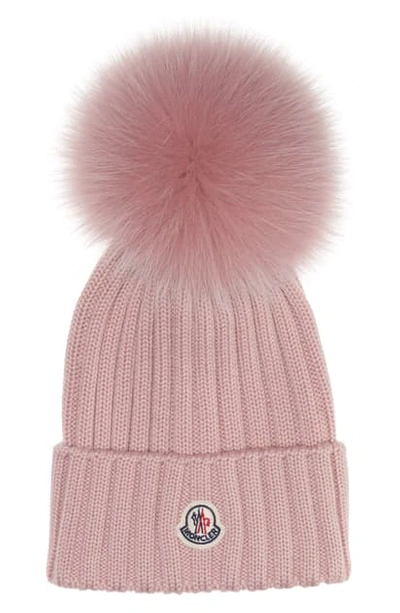 Shop Moncler Genuine Fox Fur Pom Rib Wool Beanie In Blush