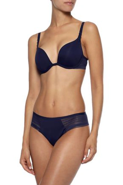 Shop Simone Perele Muse Leavers Lace-paneled Stretch-jersey Plunge Bra In Navy