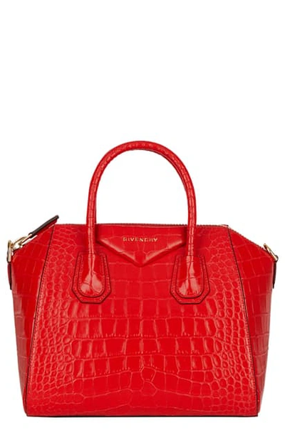 Shop Givenchy Mini Antigona Croc Embossed Calfskin Leather Satchel In Red