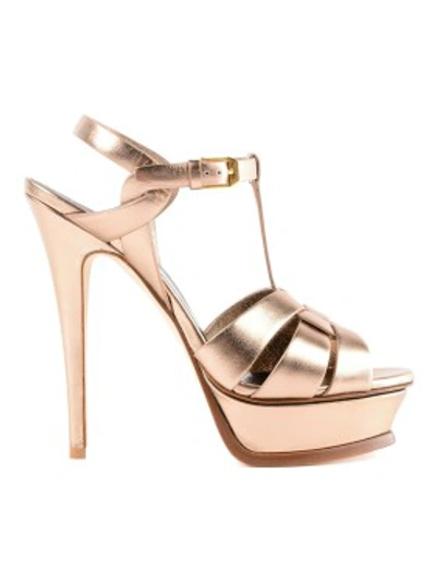 Shop Saint Laurent Tribute Rose Gold Metallic Leather Sandals In Neutrals