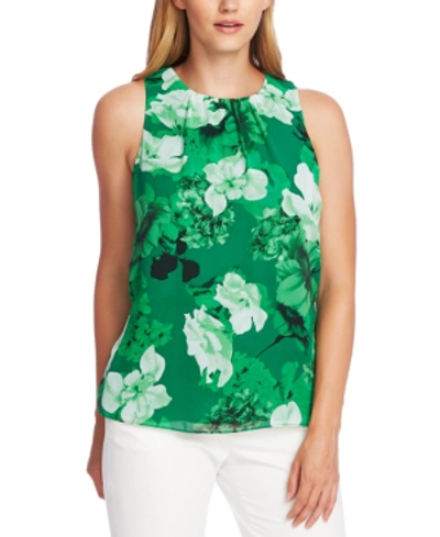 Shop Vince Camuto Floral-print Ruched-neck Top In Deep Emerald
