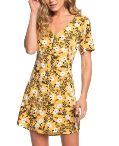 Shop Roxy Juniors' Damage Love Floral-print Fit & Flare Dress In Honey Gold