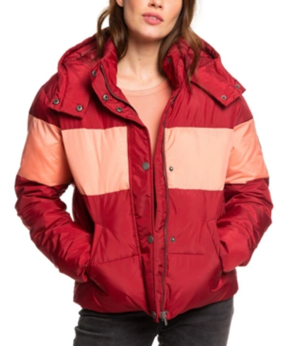 Shop Roxy Juniors' Out Of Focus Colorblocked Hooded Puffer Jacket In Rhubarb