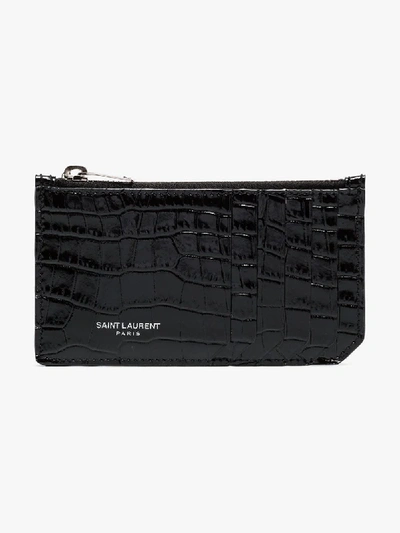 Shop Saint Laurent Black Mock Croc Leather Card Holder