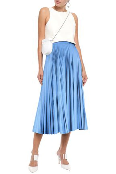 Shop Maison Margiela Pleated Coated-crepe Midi Skirt In Light Blue