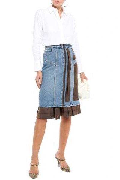 Shop Maison Margiela Layered Cutout Denim And Pleated Wool And Mohair-blend Skirt In Mid Denim