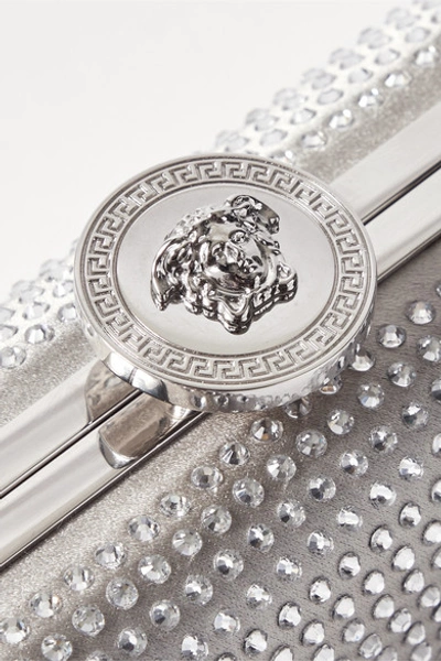 Shop Versace Crystal-embellished Metallic Satin Clutch In Silver