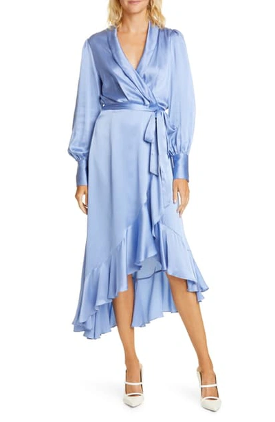 Shop Zimmermann Super Eight Long Sleeve Silk Midi Wrap Dress In Cornflower