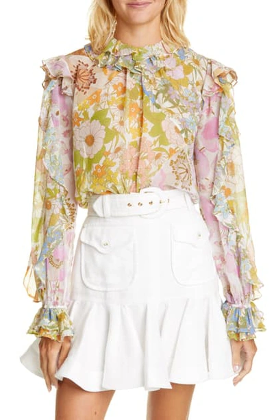 Shop Zimmermann Super 8 Ruffle Floral Print Cotton & Silk Shirt In Mixed Floral