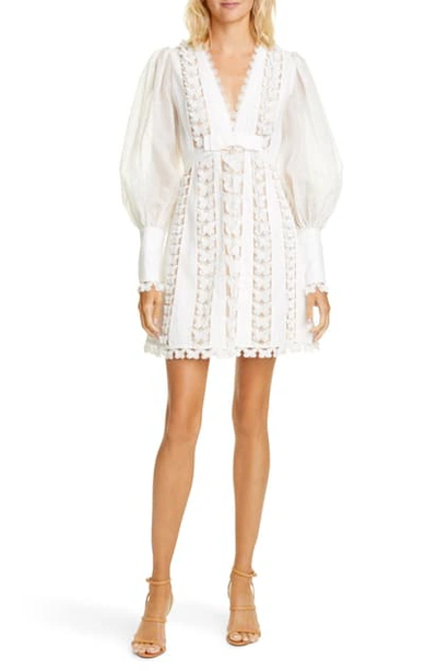 Shop Zimmermann Super Eight Flutter Long Sleeve Linen Minidress In Ivory