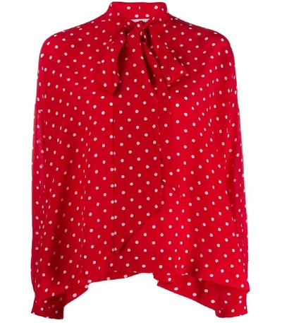Shop Balenciaga Tie Neck Polka Dot Silk Shirt In Red/white