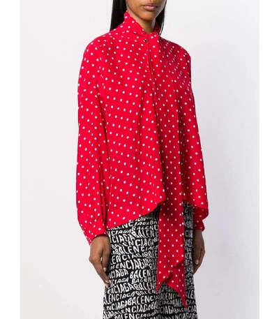 Shop Balenciaga Tie Neck Polka Dot Silk Shirt In Red/white