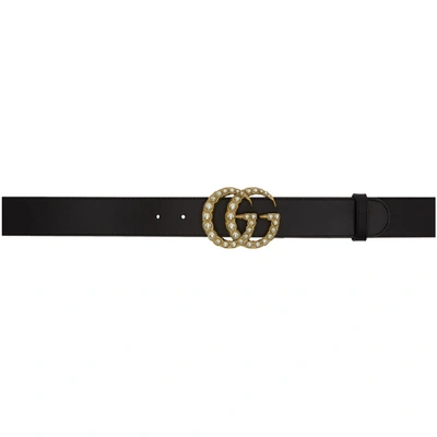 Shop Gucci Black Leather Pearl Gg Belt In 9094 Black