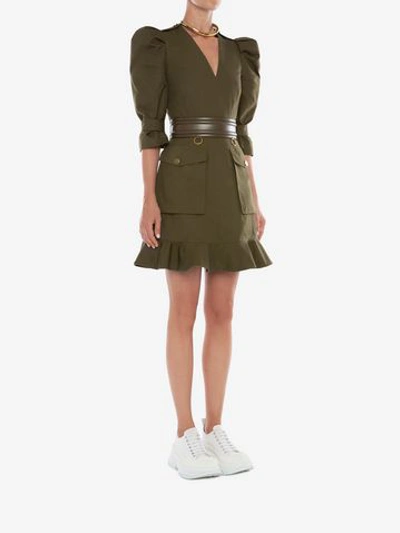 Shop Alexander Mcqueen Military Mini Dress In Khaki Green