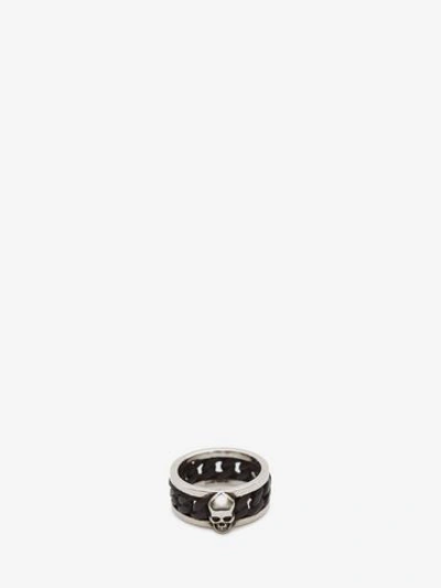 Shop Alexander Mcqueen Bi-color Skull Chain Ring In Shiny Silver + Matte Black